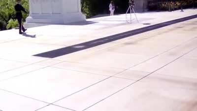 Woman visiting Arlington National Cemetery ignores the "do not cross" signs and walks on the Tomb Of The Unknown Soldier to take a selfie for Instagram. Tomb guard sets her straight. (AUDIO)