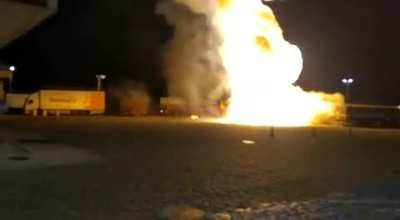 Truck on fire explodes near gas station (I rate the camera man 10/10)