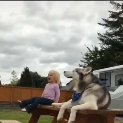A girl and her husky singing a beautiful song together ?