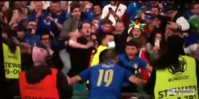 football player bonucci is mistaken for a fan while celebrating with audience