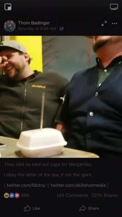 They said no take out cups for margaritas ?