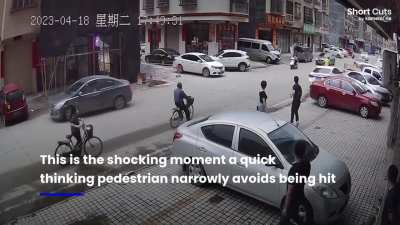 Out-of-control car heads for pedestrian