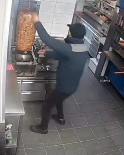 Trying to steal the meat from the Kebab Shop