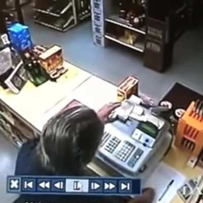 guy robbing a store but the cashier says not that fast