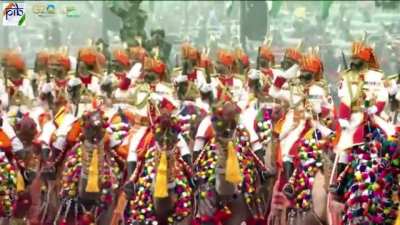 The Camel Contingent of Indian Border Security Force during the Republic Day parade on Jan 26, 2023