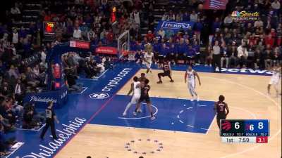 [Highlight] James Harden not ready for the pass by Tobias Harris, gets hit in the beard, but recovers