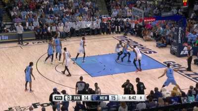 [Highlight] Santi Aldama nearly loses the ball but recovers and saves the possession with a tough turnaround jumper to beat the shot clock
