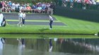 Jordan Spieth skips golf ball across the water.