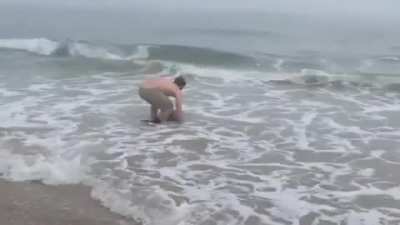 ? Guy rescuing a young Heaviside’s dolphin that got stranded on the beach ?