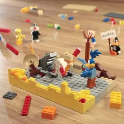 Lego stop motion of Wile E. Coyote and the Road Runner