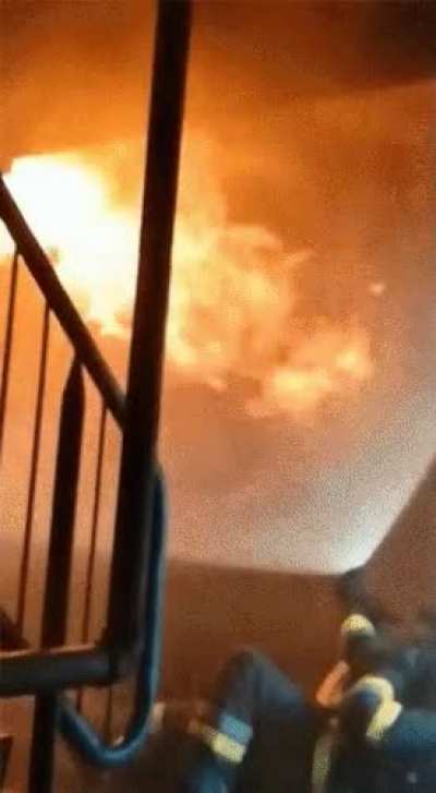Firefighters fighting flaming fire fiercely ?