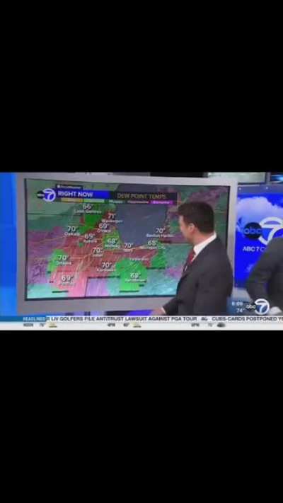 Weatherman discovers his monitor has touch screen and is thrilled.