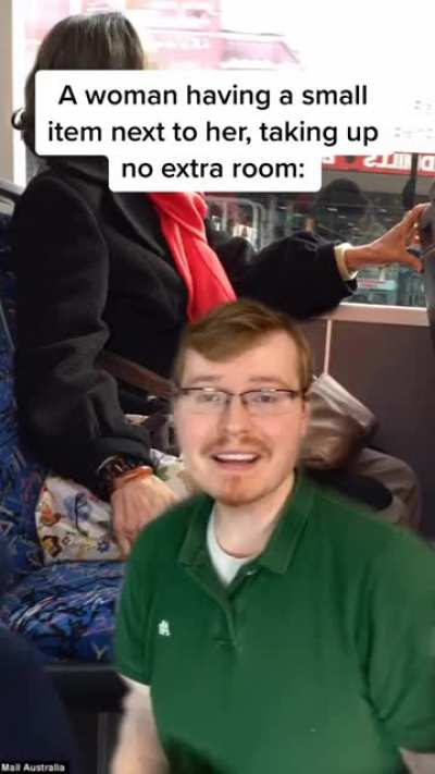 i agree with this guy on most things, but i have to disagree here. one is necessary the other is not, also we never take up 2 seats, and yes i agree the person in the picture was taking it too far, but still women can put the bags on their laps or on the