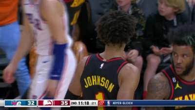 [Highlight] Trae Young with the steal, then hits Jalen Johnson in transition for an absolute hammer dunk