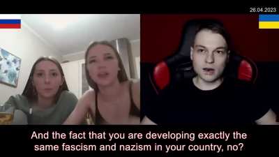 A Ukrainian and two Russian young women talk in chat roulette about the war, history and NATO.