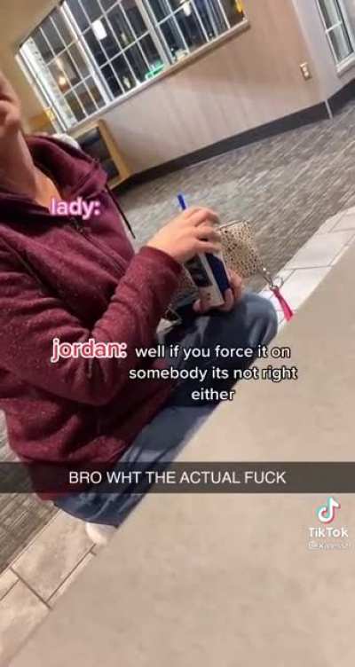 An adult homophobe sits with two young girls, questions if they’re a couple and tries to force her religion on them.