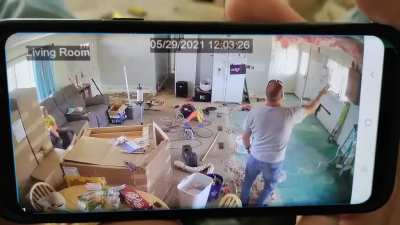 We are remodeling and my husband was up in the attic working on electrical. He set his bucket of tools down, not remembering that the ceiling was missing in that part of the room. The bucket fell through the insulation and almost landed on my dad's head.