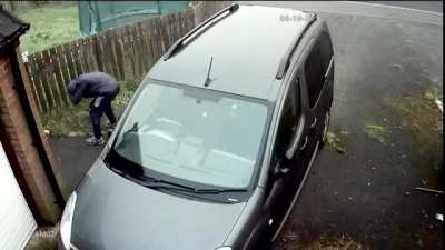 Man throws brick at car window, brick bounces back and hits him in the eye
