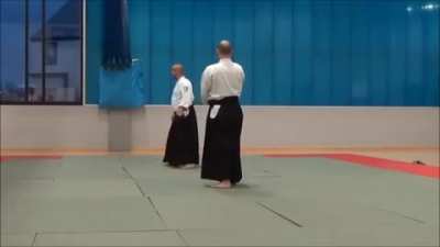 Aikido sword master shows students the best defense for dealing with armed attackers.