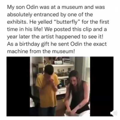 The artwork prompted this young man say the word ''butterfly' for the first time so the artist J. C. Fontanive sent him his own butterfly for his home.