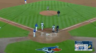 [Highlight] [Highlight] Ump takes a Chapman 100 mph fastball to the mask. Looks okay.