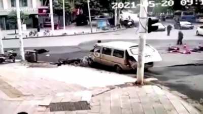 City workers in China accidentally ignite sewer vapors.