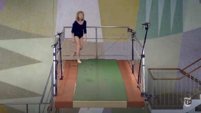 Two documentarists asked 60 people to jump from a 10 meter (~33 feet) platform into a swimming pool for the first time. They could decide to jump or climb back down the stairs. This video shows a 70-year-old lady not quite sure if she could do it or not
