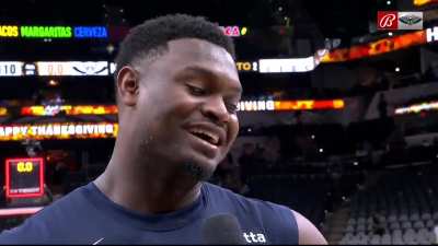 [Highlight] Post game question to Zion: "What's your favorite dish? What are you looking forward to eating the most?"