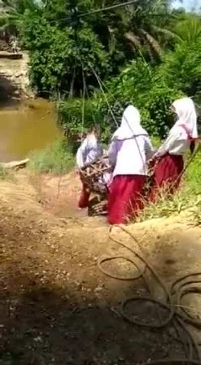 Schoolchildren in a remote Indonesian village have to go "Indiana Jones style" to cross a river to get to their School