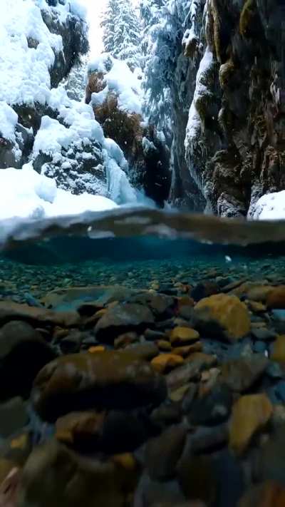 ? Snow falling on crystal clear Alaskan glacial melt water. Credit: Photographer John Derting