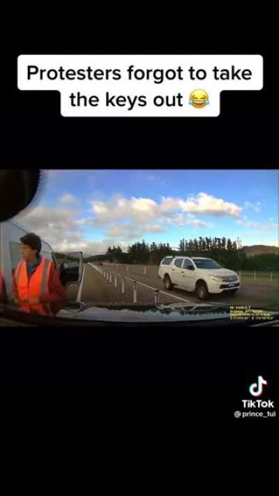 Protesters in Wellington, New Zealand, left keys in their Van with the door open while blocking up the motorway. ?