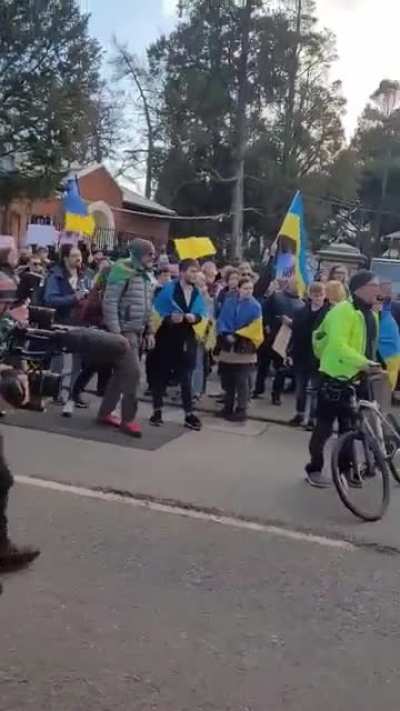 In Dublin, Ireland an angry crowd harasses a car carrying the Russian ambassador as it tries to enter the Embassy. Ireland is with Ukraine.