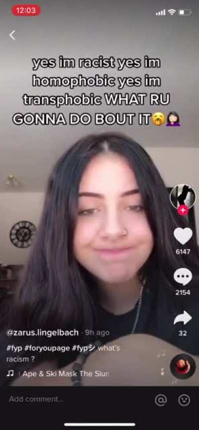 “Yes Im racist yes im homophobic yes I’m transphobic WHAT RU GONNA DO BOUT IT??‍♀️”