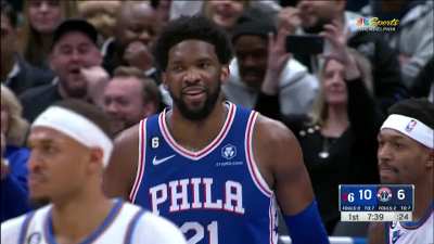 [Highlight] Harden’s crafty assist to Embiid for a fast-break slam is erased by an offensive foul