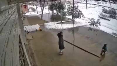 Kid on bike takes out load-bearing pole