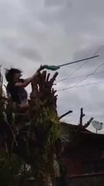 i wonder what would happen if i poke this power line with my broom..