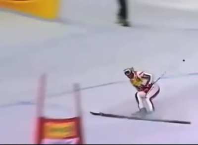 French skier takes a slalom flag to the groin