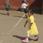 Anu went back to school in Birmingham, UK and showed her friends her new sports blade prosthetic