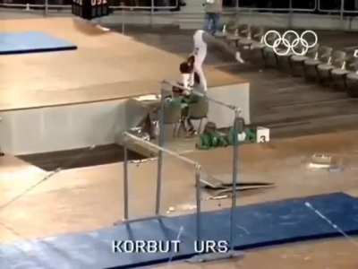 "Korbut Flip" by Olga Korbut in Munich 1972 Olympics.