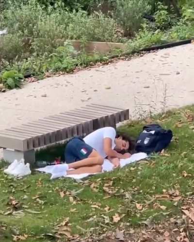 Olympic Gold Medal winner found sleeping in the park after complaining "bad olympic village conditions" in Paris.