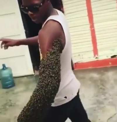 This guy is transporting a colony of bees while holding the Queen bee in fist