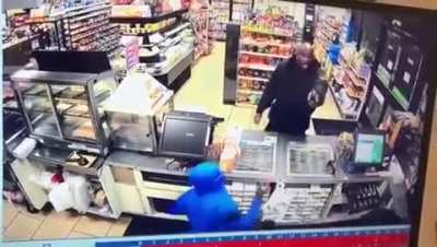 2 idiots jump the counter and attempt to rob a 7-11 with a fake gun. Badass security guard sneaks in front door and shoots them both. One robber yells "my gun is fake" security guard responds "oh well, mine is real"