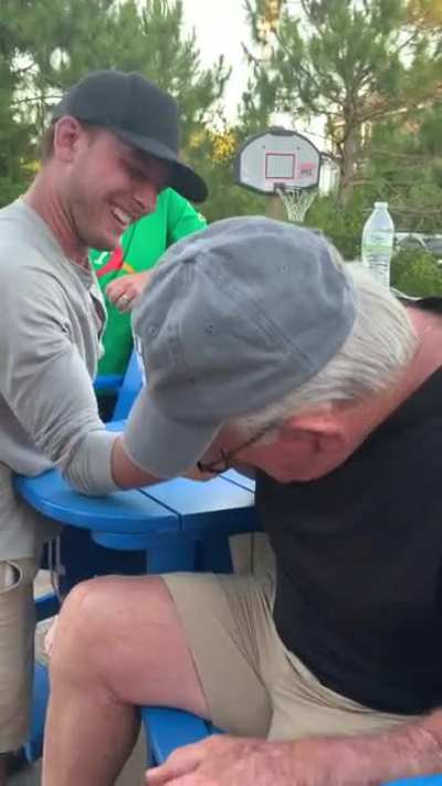 My 86-year-old grandpa beating my cousin (a fitness coach) at arm wrestling