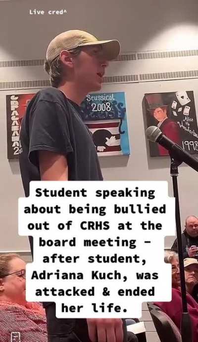 Student speaking about being bullied out of CRHS at the board meeting after student, Adriana Kuch, was attacked & ended her life. He was bullied by TEACHERS. ?