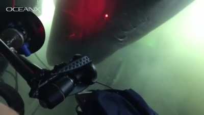 Massive deep water shark checking out a mini sub, and it’s crew.
