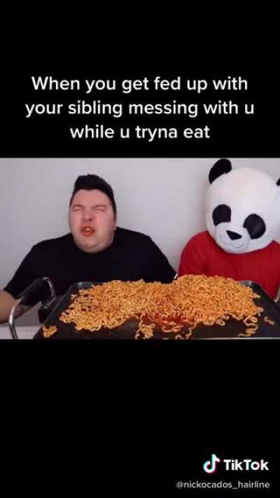 The noodles falling out of his mouth?