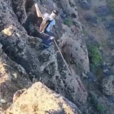 Ancient shepherds' technique for traversing volcanic terrain ("salto del pastor")