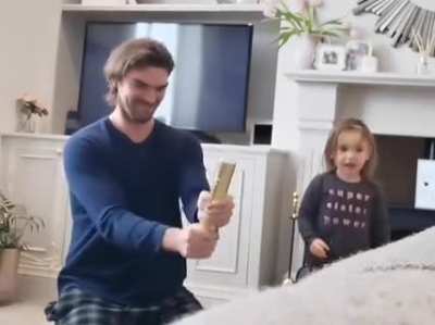 Dad seriously injures his junk...daughter cracks up and sprinkles confetti on him