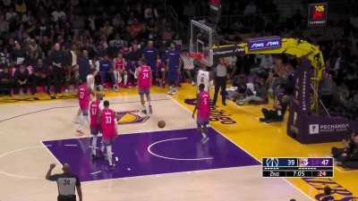 [Highlight] Austin Reaves dribbles his way through multiple defenders and finds Lebron for the alley-oop to force the Wizards timeout