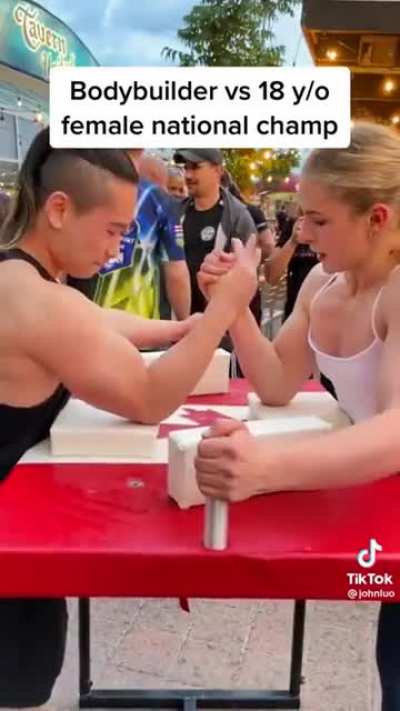 Arm wrestling - bodybuilder vs 18 yr old female national champion